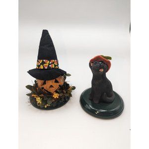 Byers Choice Halloween Jack O Lantern Wearing Hat and Black Cat in a Hat